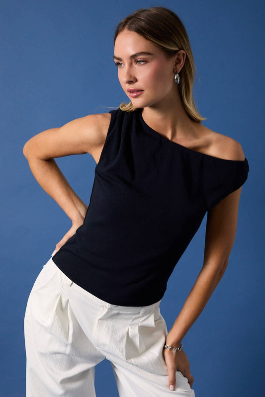 ASYMMERTRICAL NECK SLEEVELESS KNIT TOP