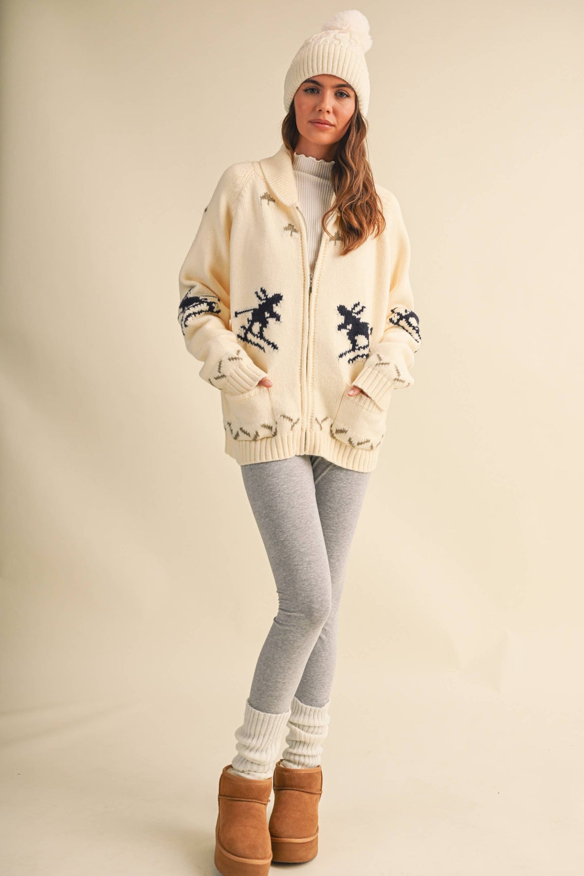 IJ1737 "SKI" ZIP UP FRONT POCKET SWEATER JACKET