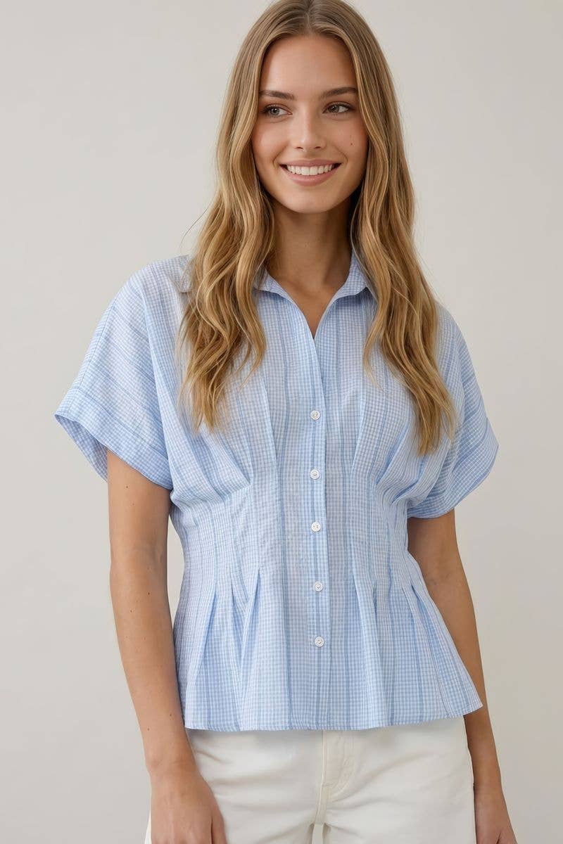 GINGHAM WAIST-DIFINING PLEATS BUTTON DOWN SHIRT