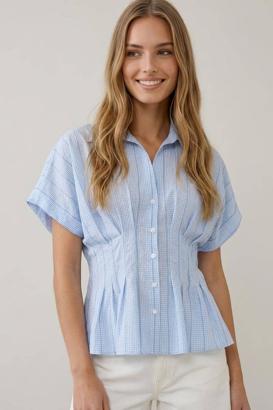 GINGHAM WAIST-DIFINING PLEATS BUTTON DOWN SHIRT