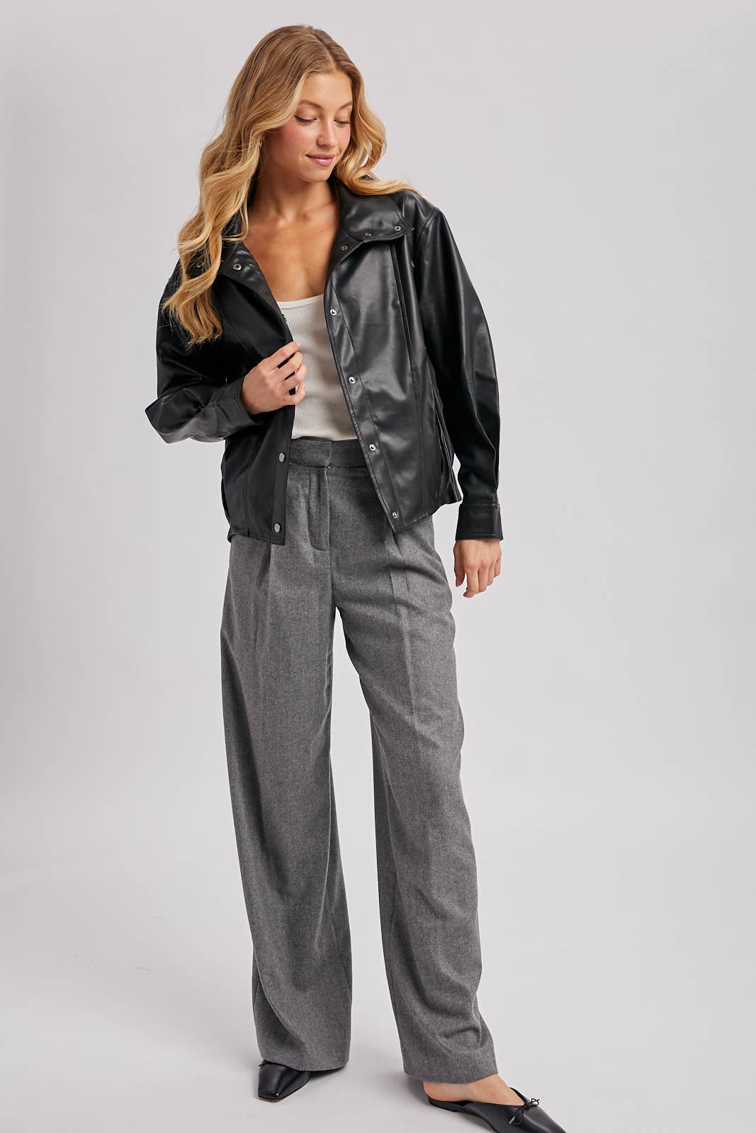 FAUX LEATHER BUTTON DOWN HIGH COLLAR BOMBER JACKET