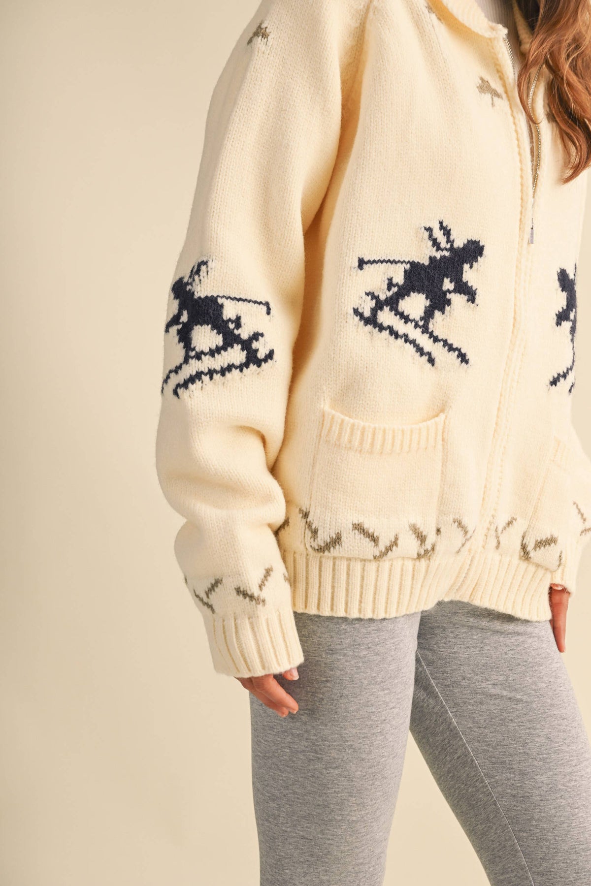 IJ1737 "SKI" ZIP UP FRONT POCKET SWEATER JACKET