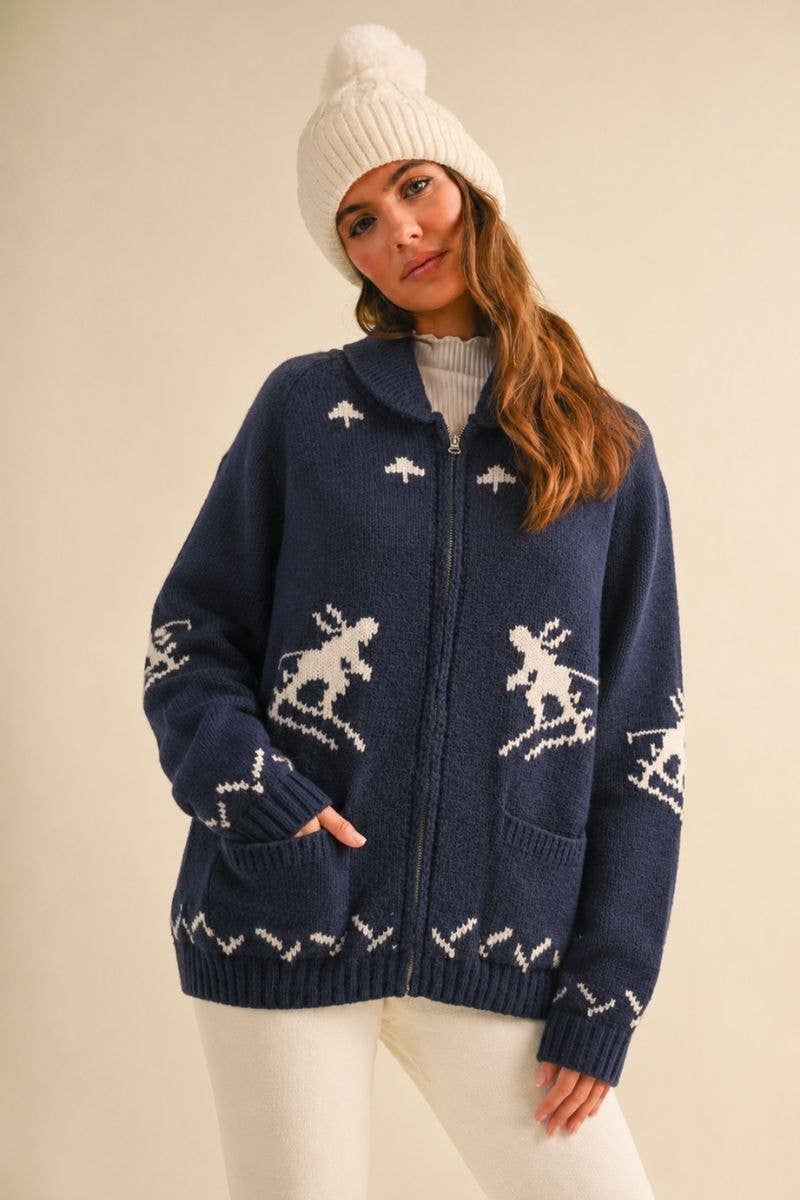 IJ1737 "SKI" ZIP UP FRONT POCKET SWEATER JACKET