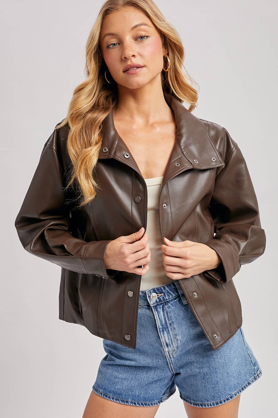FAUX LEATHER BUTTON DOWN HIGH COLLAR BOMBER JACKET
