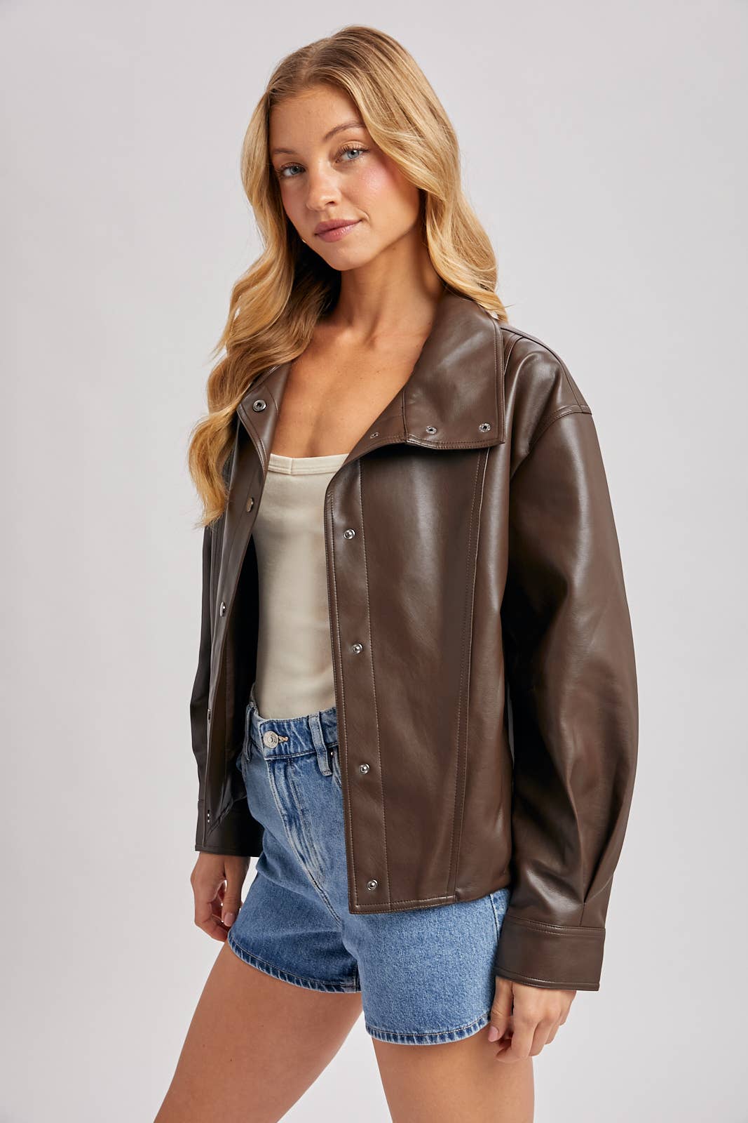 FAUX LEATHER BUTTON DOWN HIGH COLLAR BOMBER JACKET