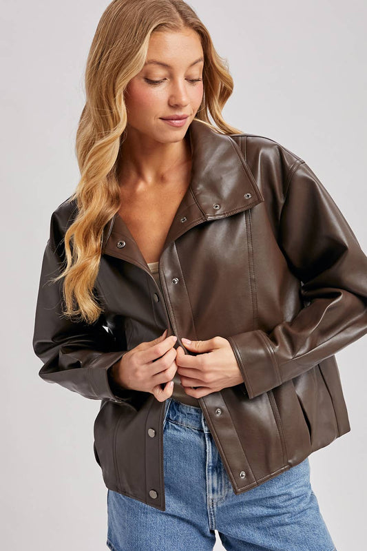 FAUX LEATHER BUTTON DOWN HIGH COLLAR BOMBER JACKET