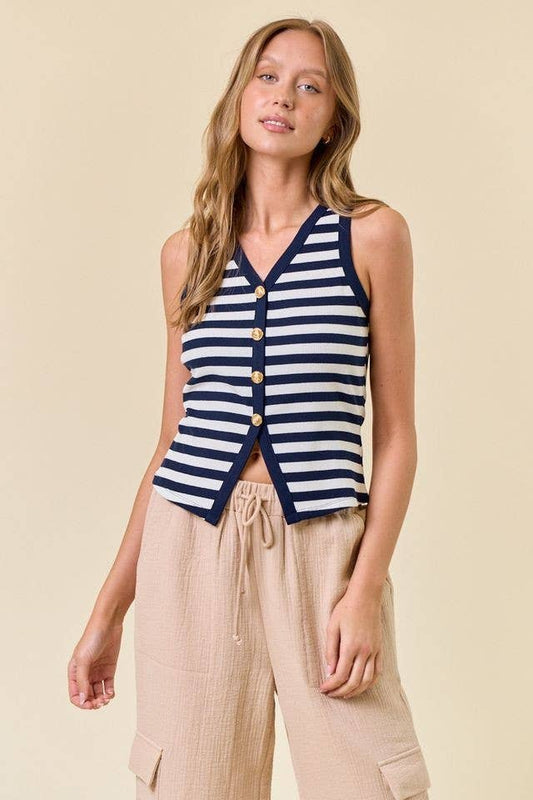 NAVY STRIPE KNIT BUTTON FRONT TANK