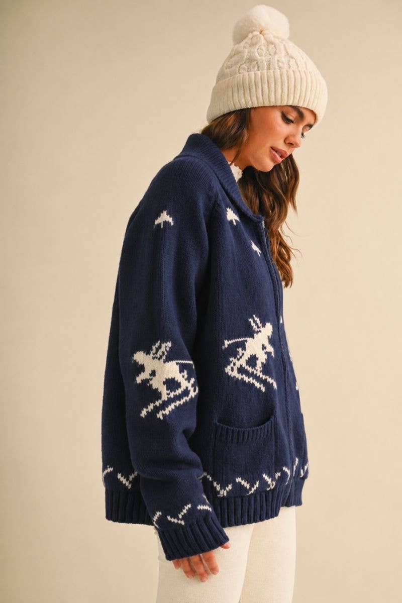 IJ1737 "SKI" ZIP UP FRONT POCKET SWEATER JACKET