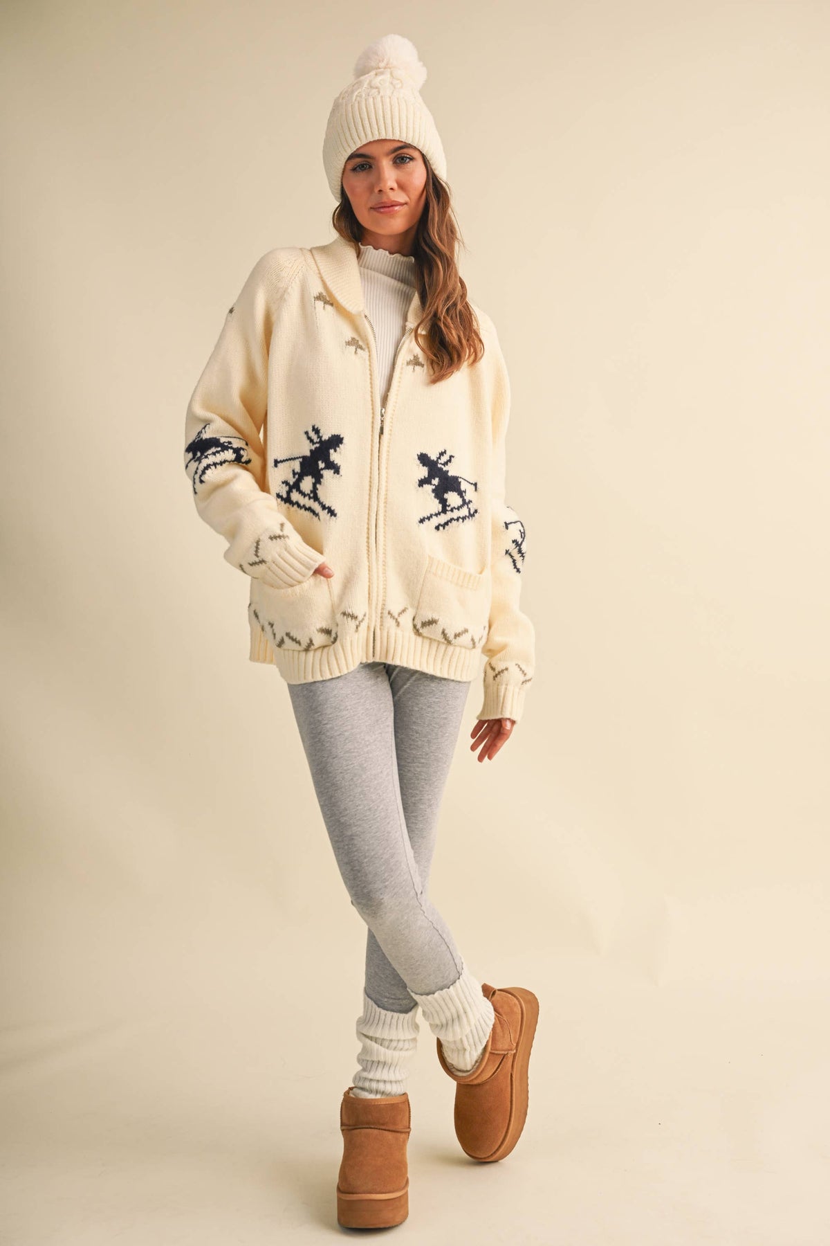 IJ1737 "SKI" ZIP UP FRONT POCKET SWEATER JACKET