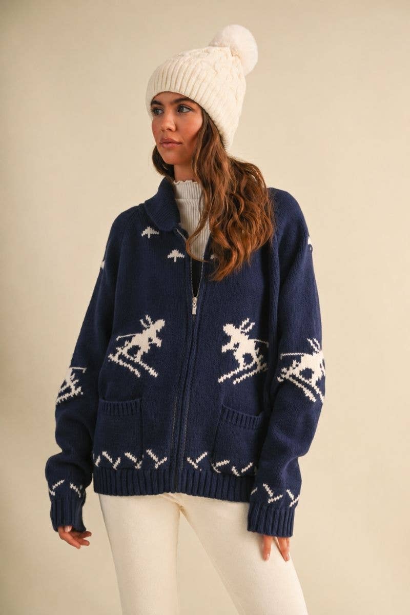 IJ1737 "SKI" ZIP UP FRONT POCKET SWEATER JACKET