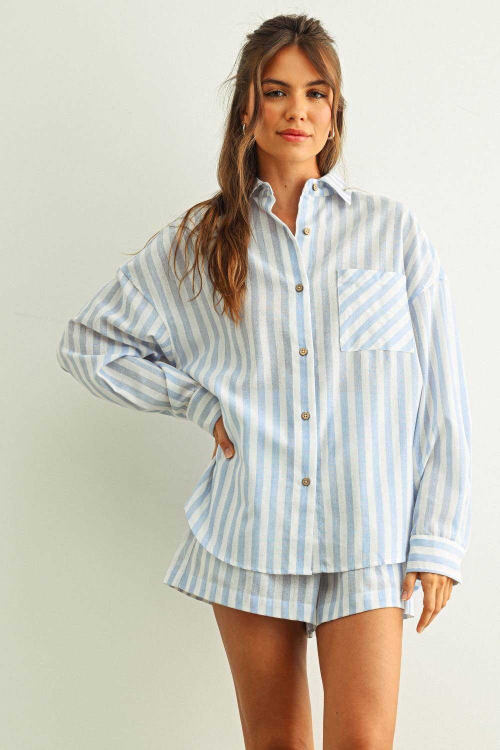 T6383ST   STRIPED BUTTON DOWN LINEN SHIRTS