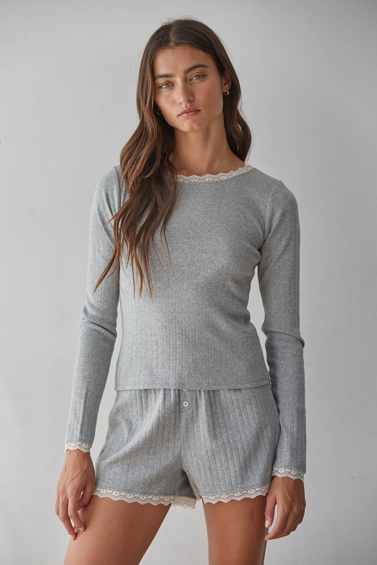 L10097T | Knit Cotton Pointelle Long Sleeve Pullover