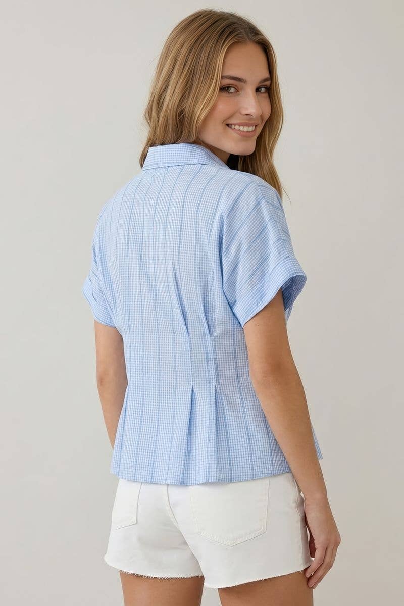 GINGHAM WAIST-DIFINING PLEATS BUTTON DOWN SHIRT