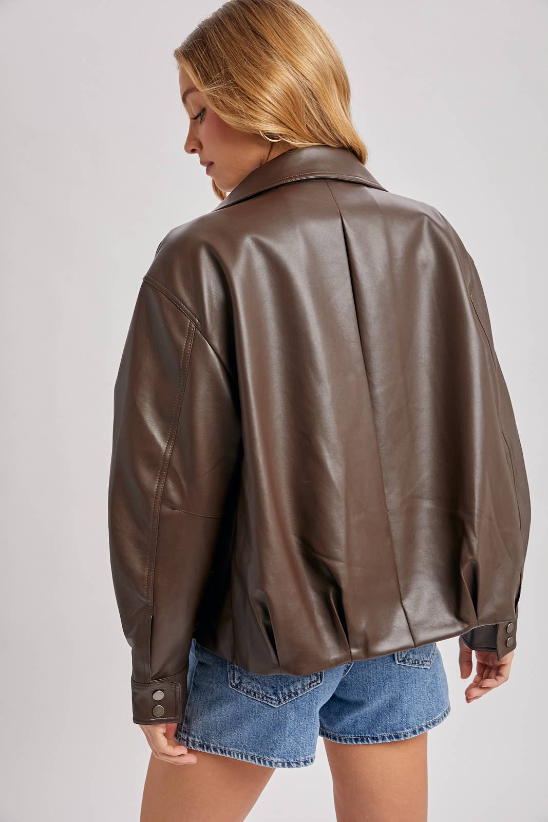FAUX LEATHER BUTTON DOWN HIGH COLLAR BOMBER JACKET