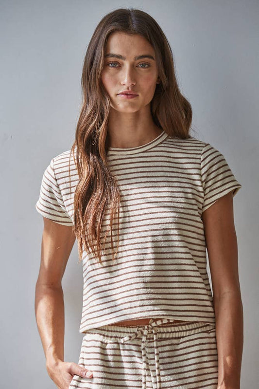 Knit Polyester Cotton Striped Short Sleeve Top