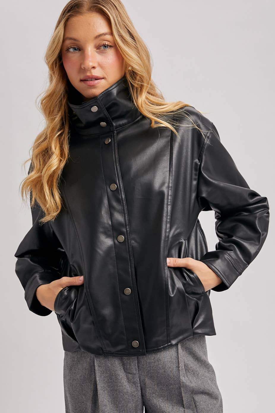 FAUX LEATHER BUTTON DOWN HIGH COLLAR BOMBER JACKET