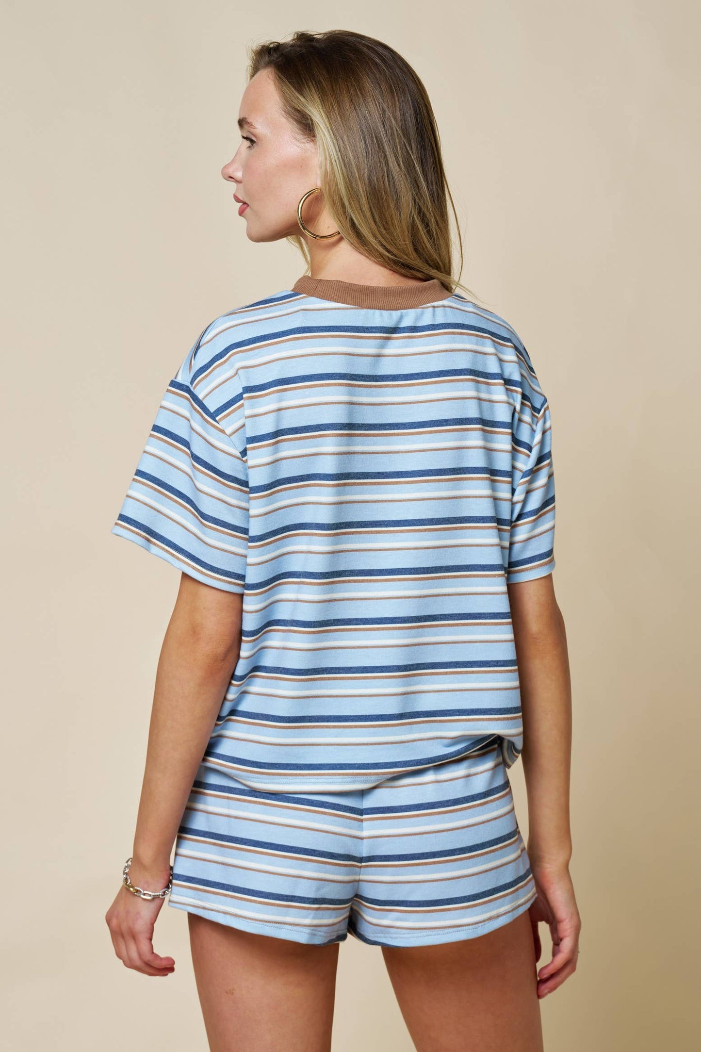 Multicolor Stripe Print Tee W/ Contrast Neckline