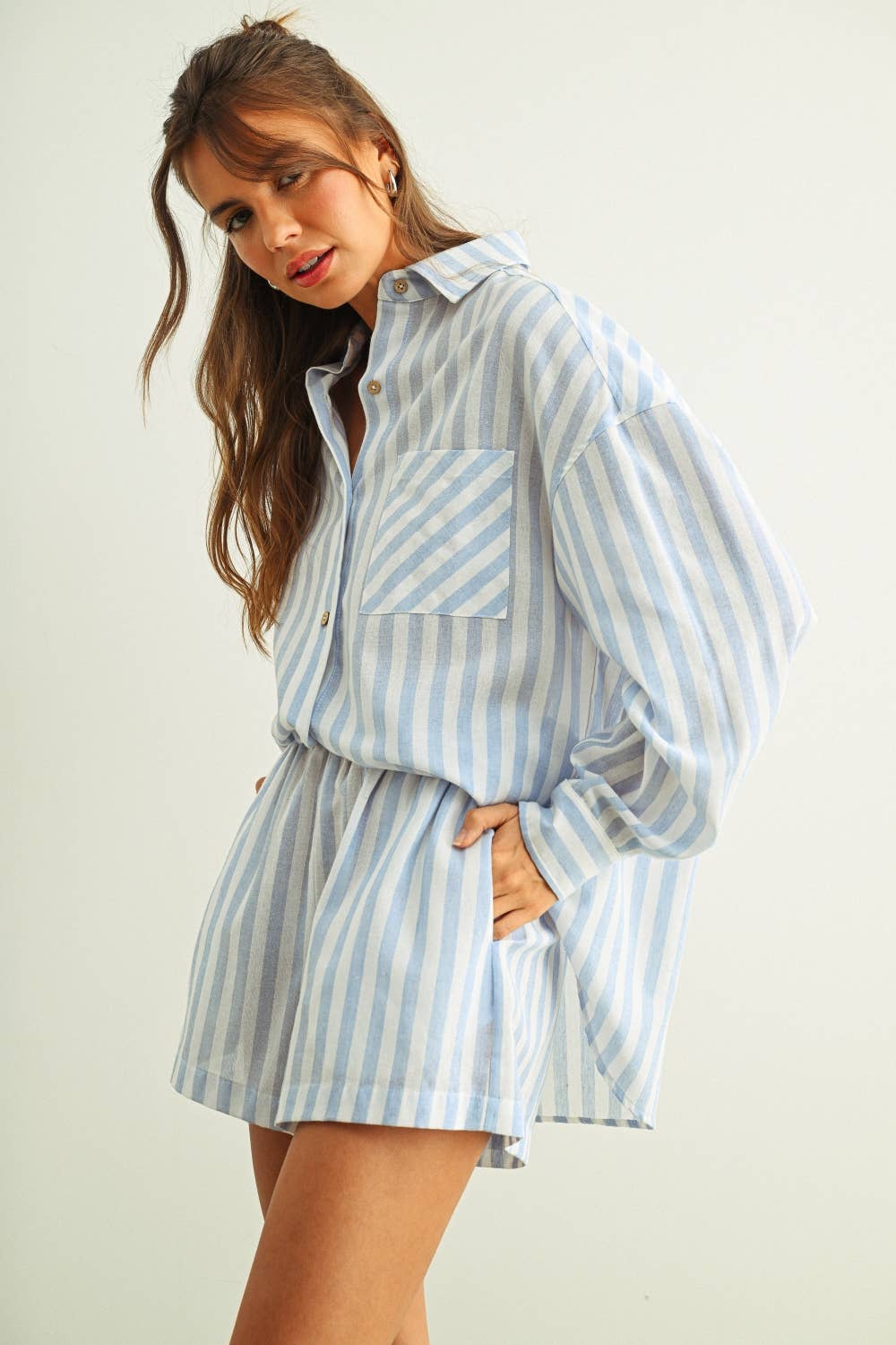 T6383ST   STRIPED BUTTON DOWN LINEN SHIRTS