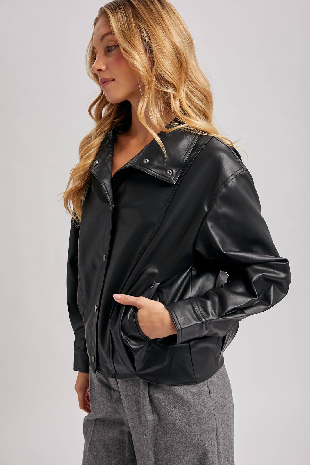 FAUX LEATHER BUTTON DOWN HIGH COLLAR BOMBER JACKET
