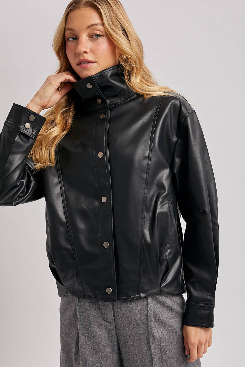 FAUX LEATHER BUTTON DOWN HIGH COLLAR BOMBER JACKET