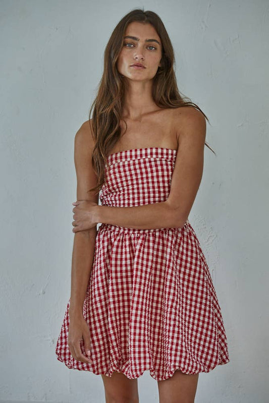 Woven Polyester Gingham Print Smocking Tube Mini
