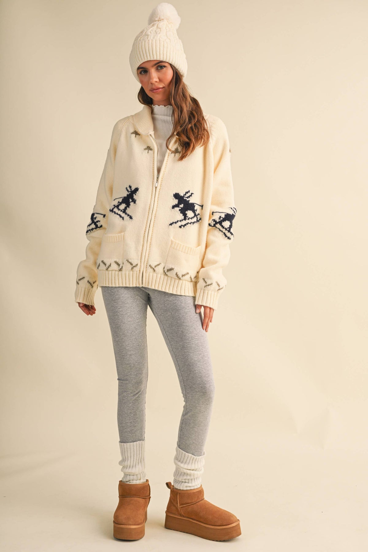 IJ1737 "SKI" ZIP UP FRONT POCKET SWEATER JACKET