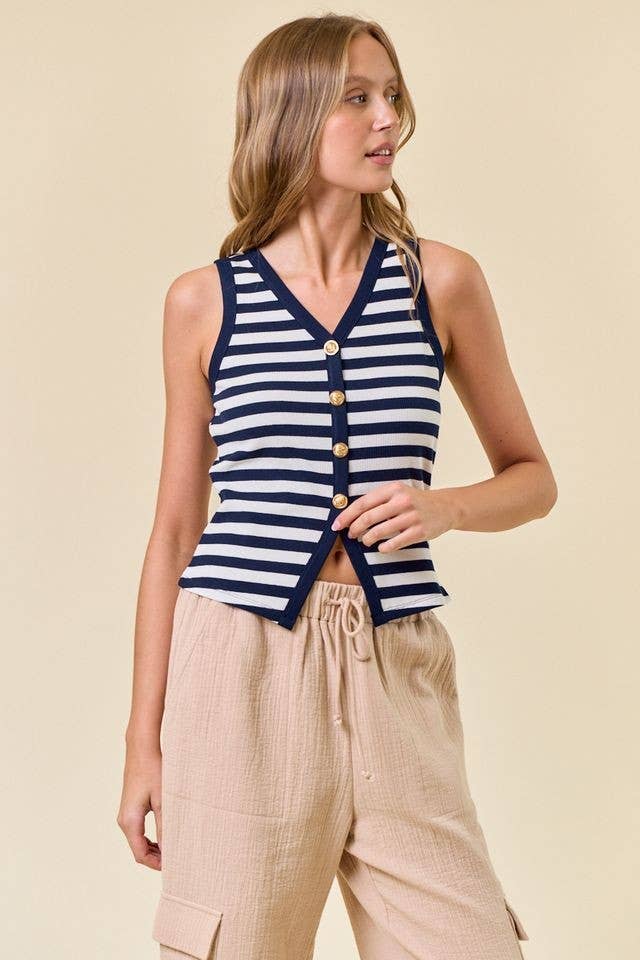 NAVY STRIPE KNIT BUTTON FRONT TANK