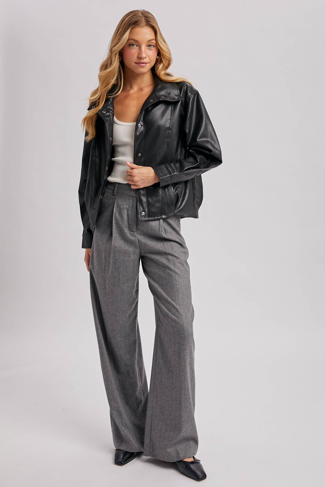 FAUX LEATHER BUTTON DOWN HIGH COLLAR BOMBER JACKET