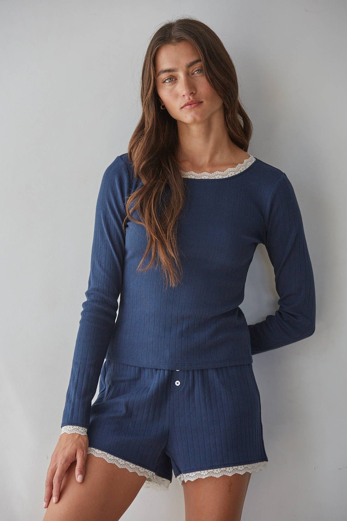 L10097T | Knit Cotton Pointelle Long Sleeve Pullover