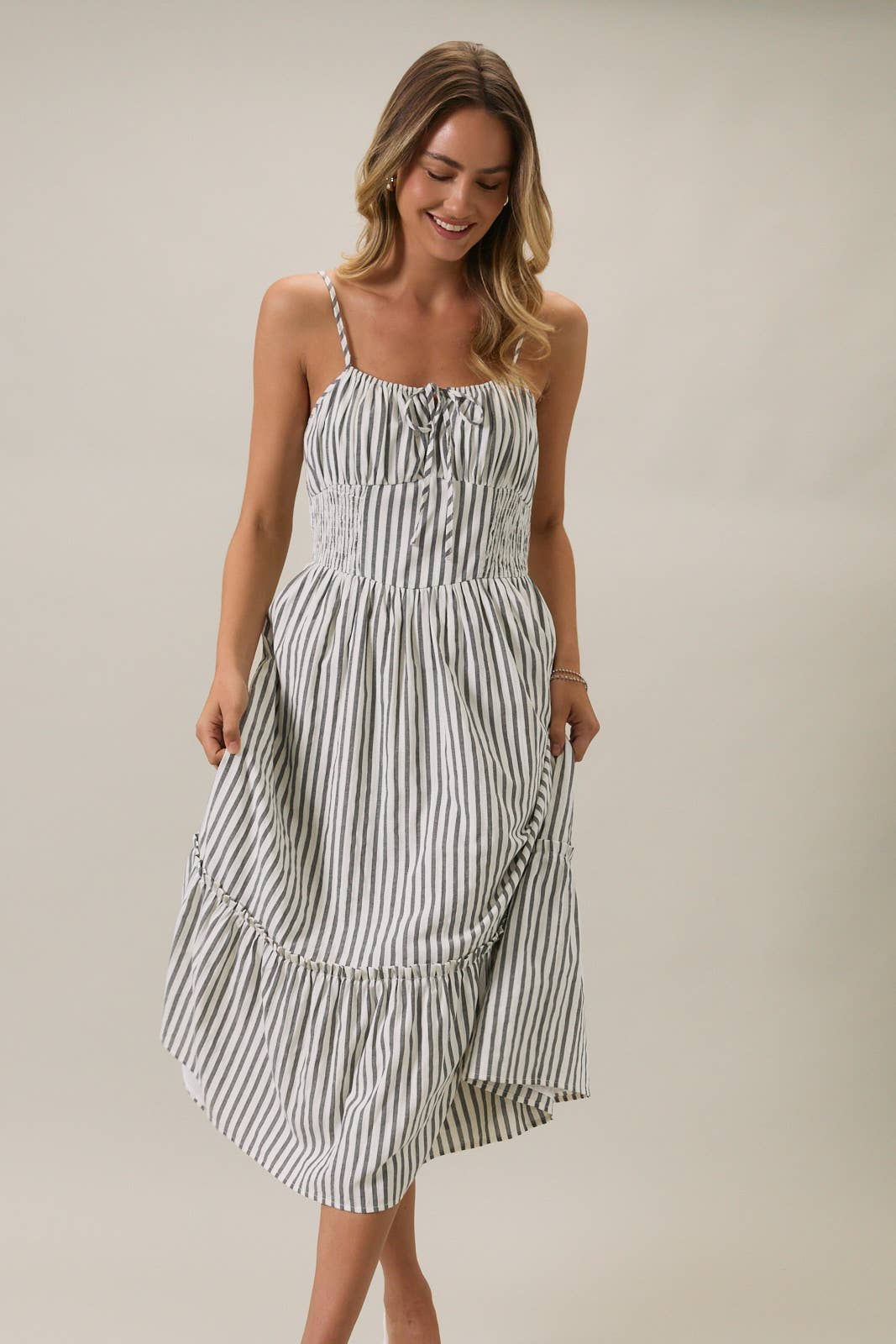 June Smocked Midi Striped Keyhole Dress