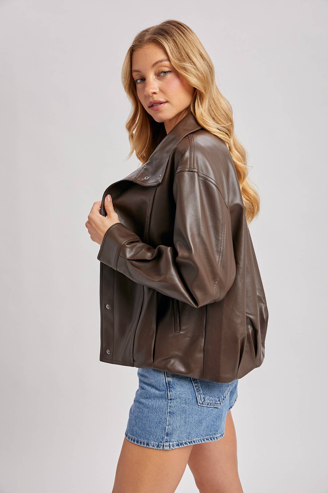 FAUX LEATHER BUTTON DOWN HIGH COLLAR BOMBER JACKET