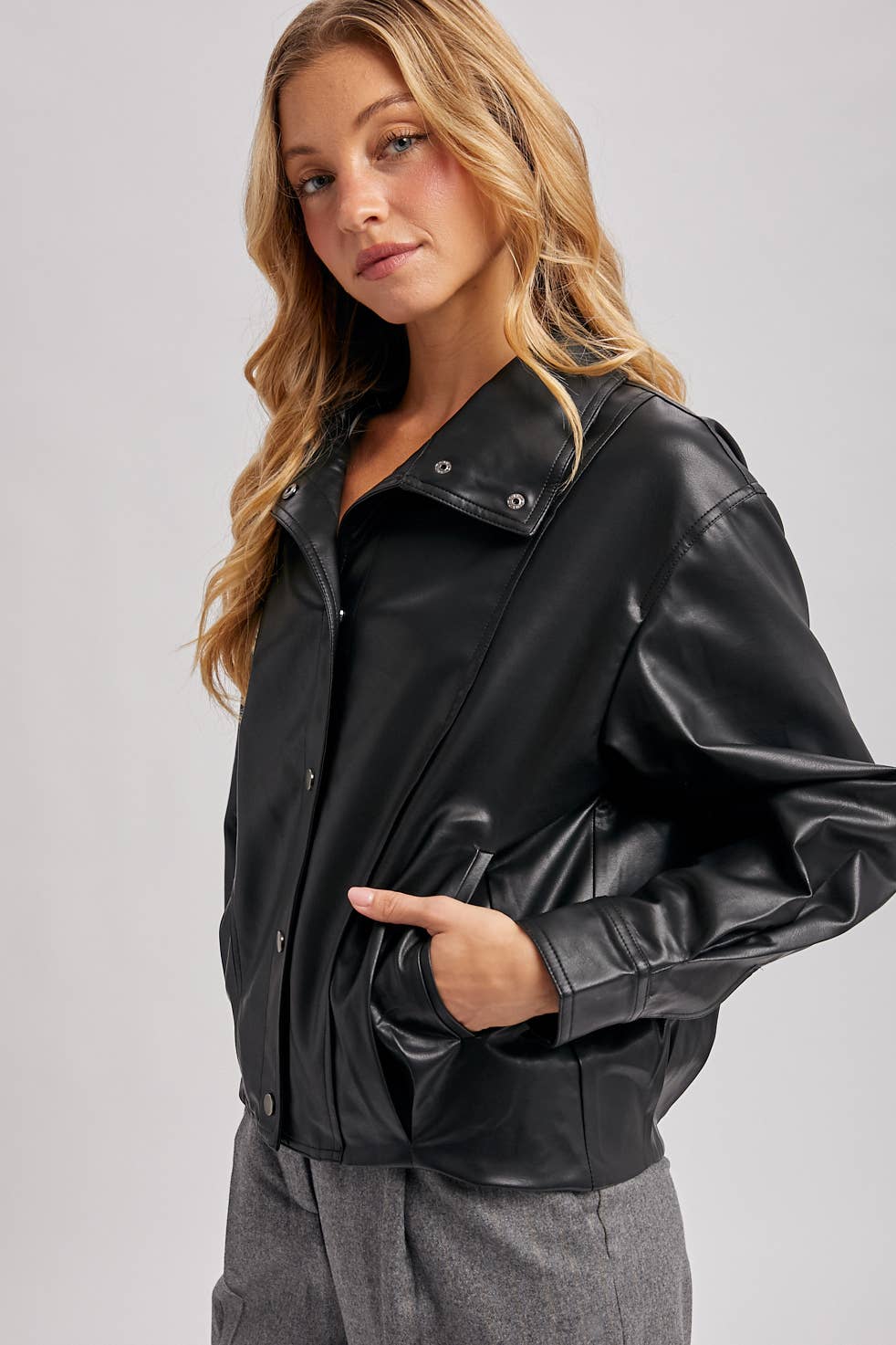 FAUX LEATHER BUTTON DOWN HIGH COLLAR BOMBER JACKET
