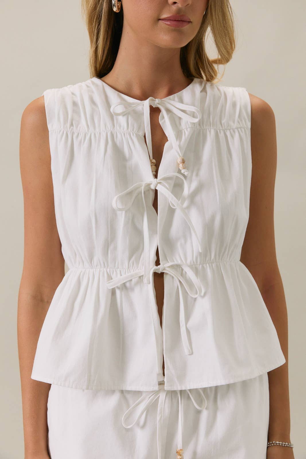 WHITE BEADED TIE TOP