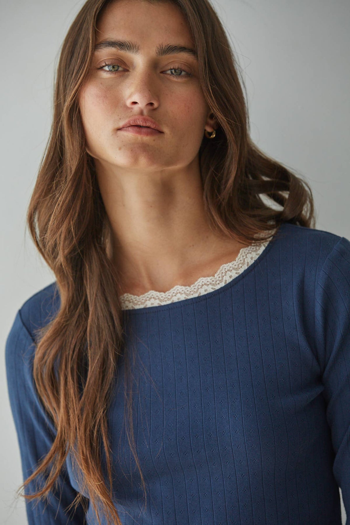 L10097T | Knit Cotton Pointelle Long Sleeve Pullover