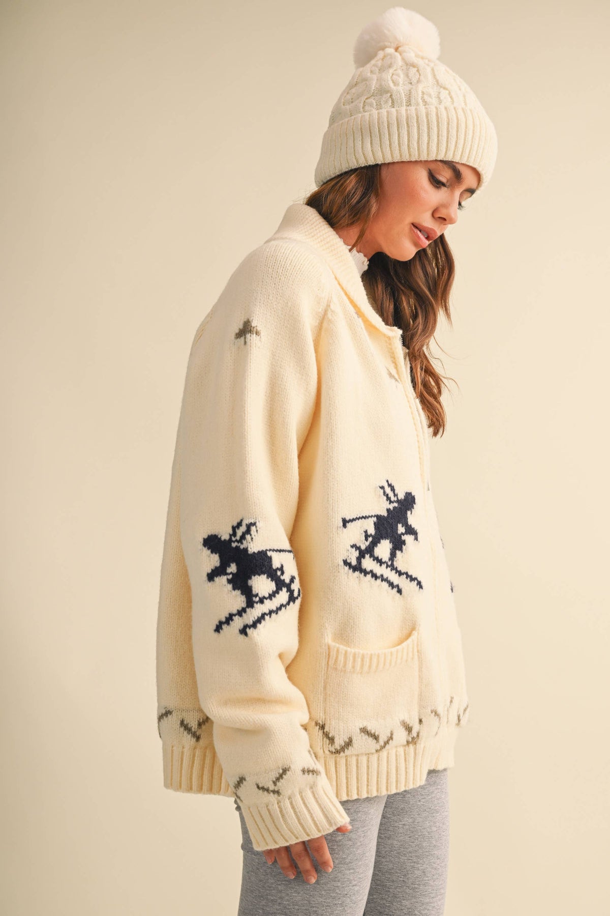 IJ1737 "SKI" ZIP UP FRONT POCKET SWEATER JACKET