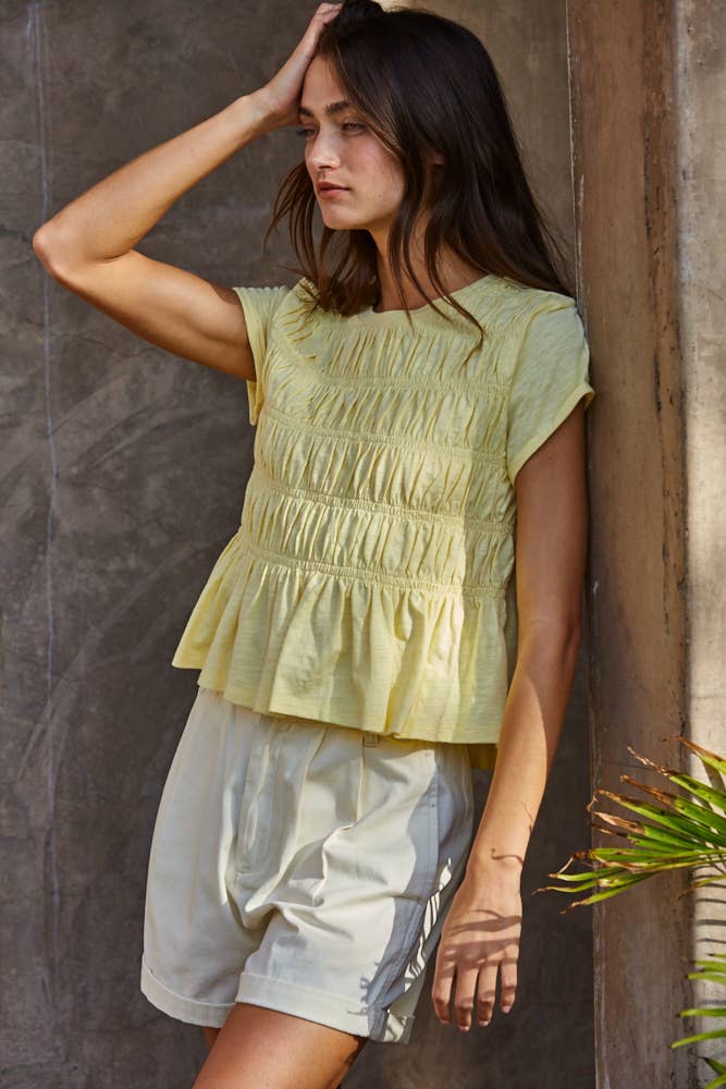 Lemon Woven Cotton Short Sleeve Smocking Detail Top