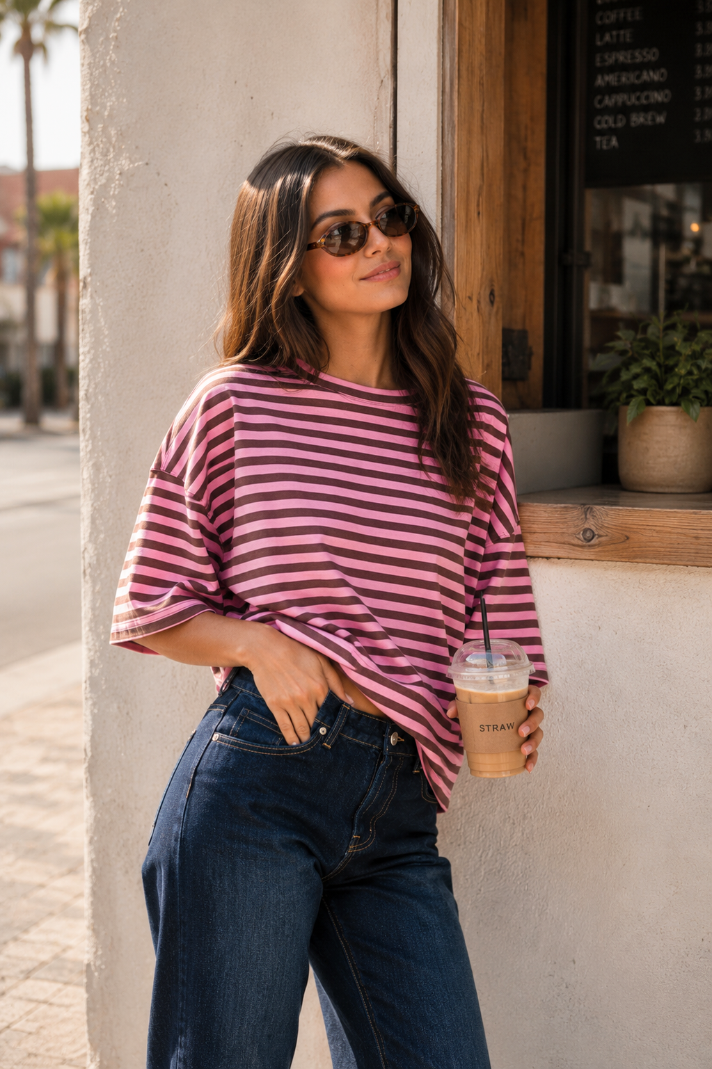 Pink & Brown Striped Boyfriend Tee