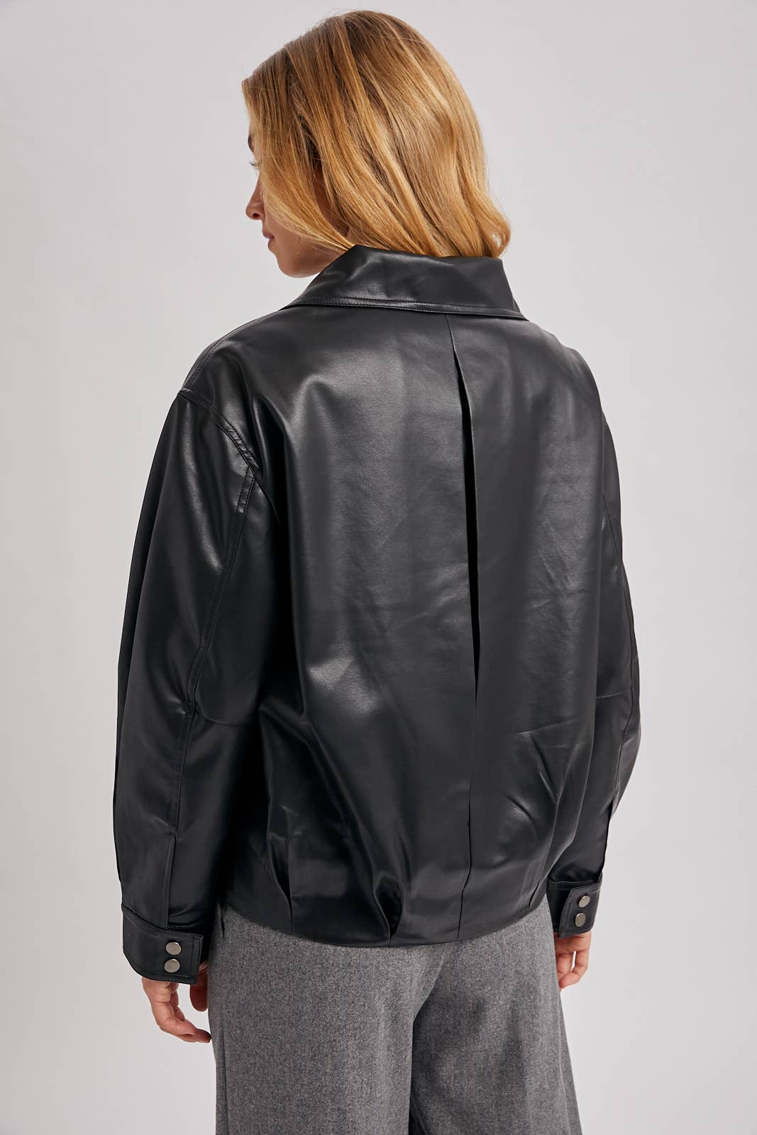 FAUX LEATHER BUTTON DOWN HIGH COLLAR BOMBER JACKET
