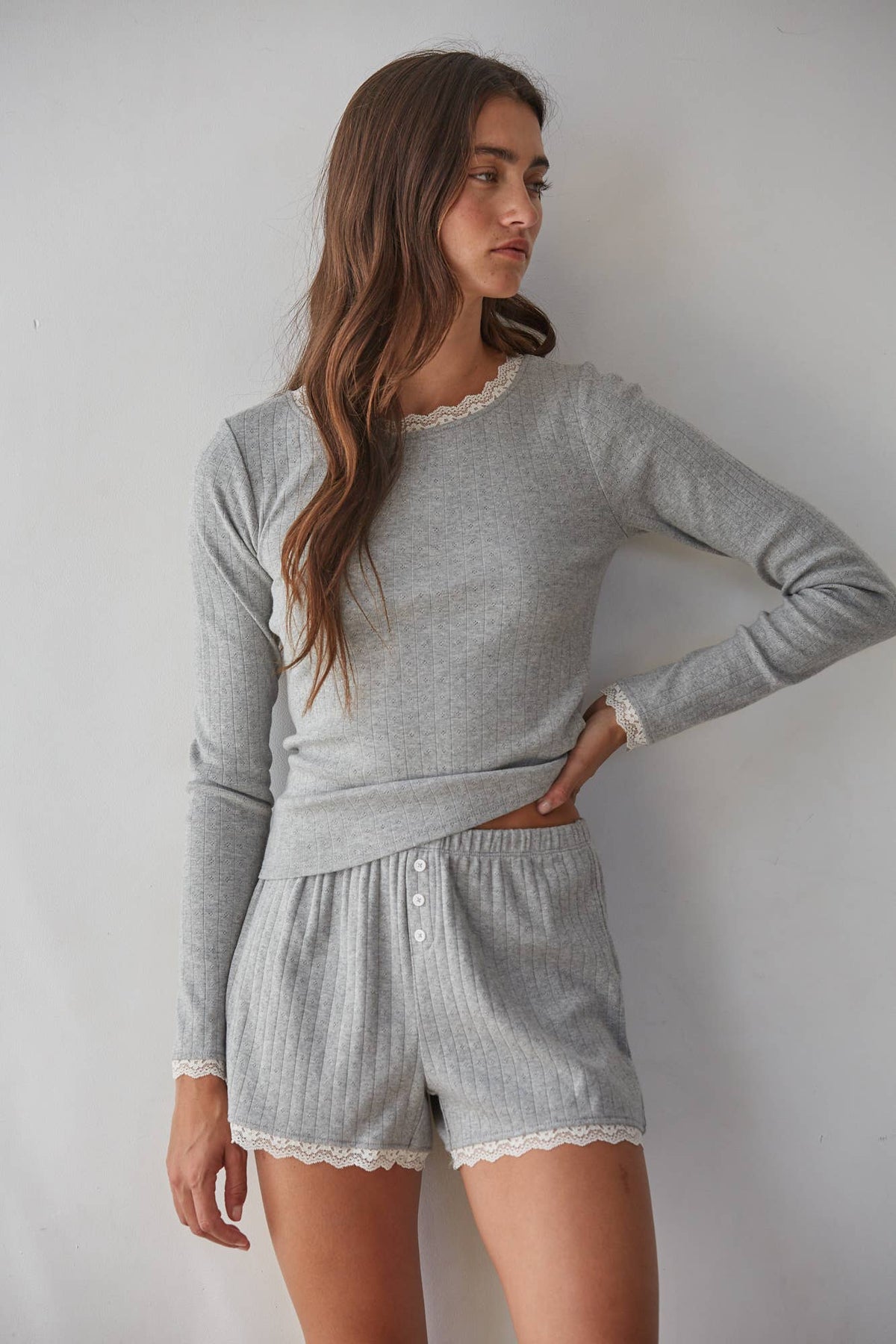 L10097T | Knit Cotton Pointelle Long Sleeve Pullover