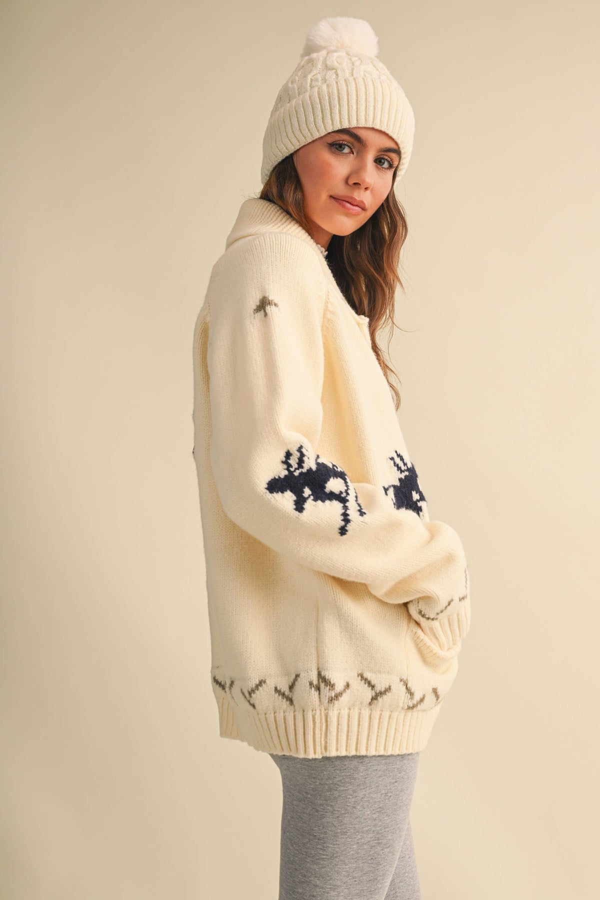 IJ1737 "SKI" ZIP UP FRONT POCKET SWEATER JACKET