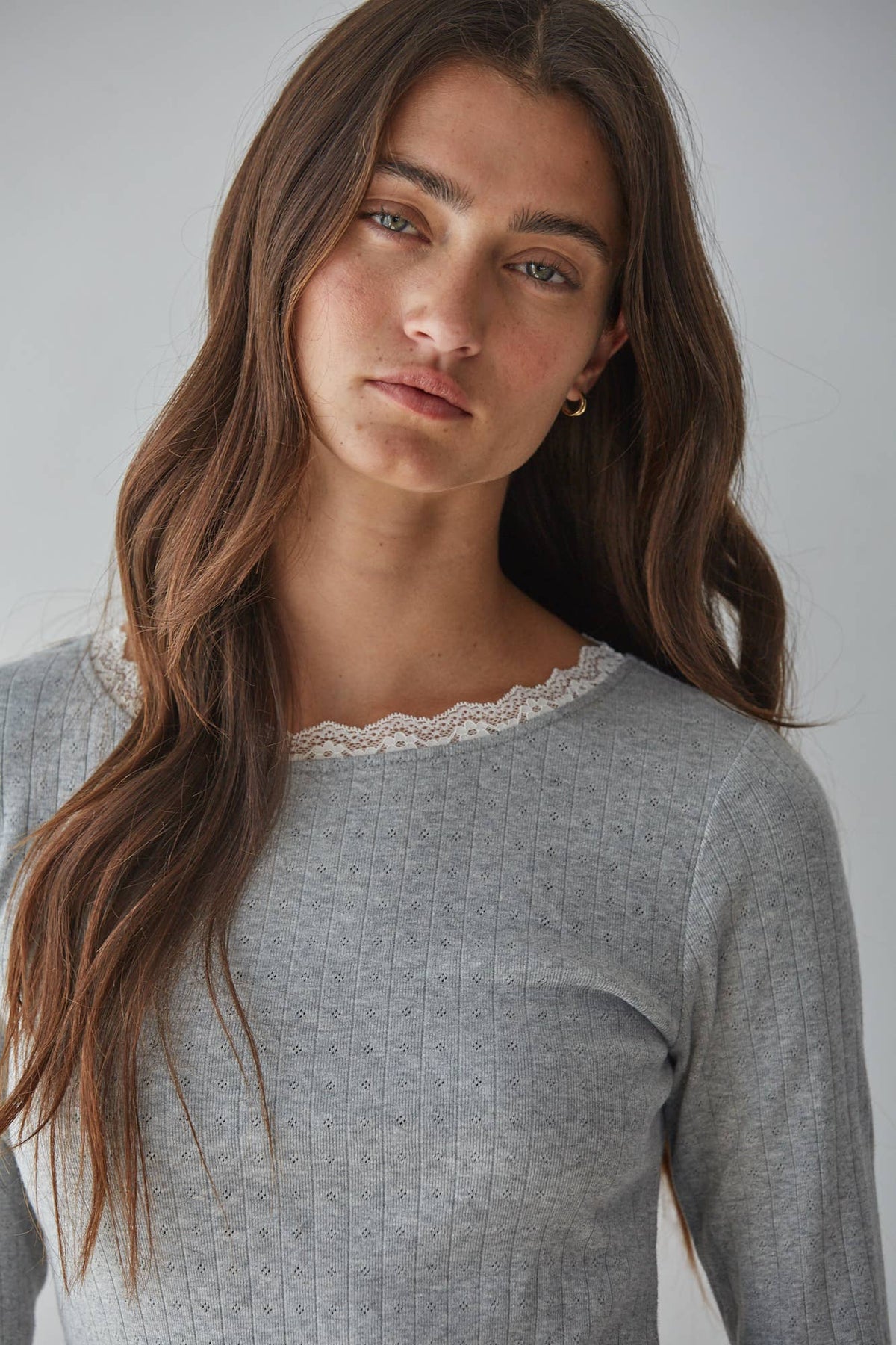 L10097T | Knit Cotton Pointelle Long Sleeve Pullover