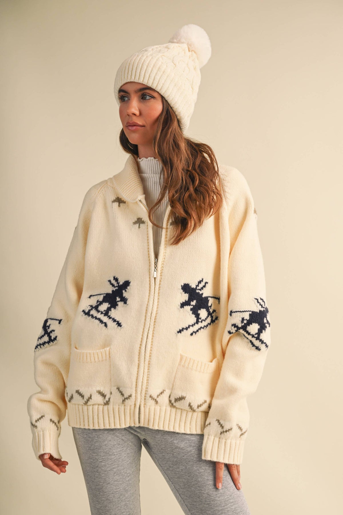 IJ1737 "SKI" ZIP UP FRONT POCKET SWEATER JACKET