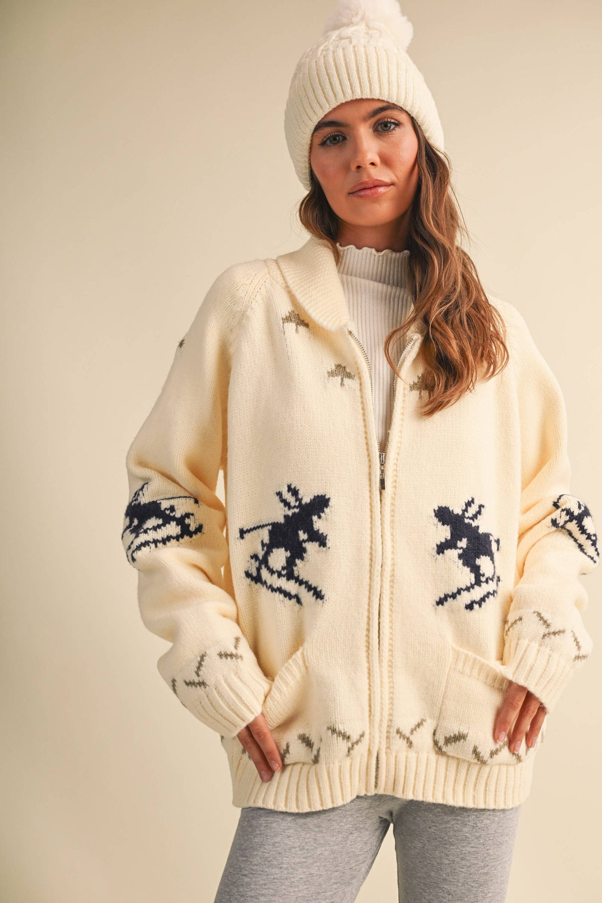 IJ1737 "SKI" ZIP UP FRONT POCKET SWEATER JACKET