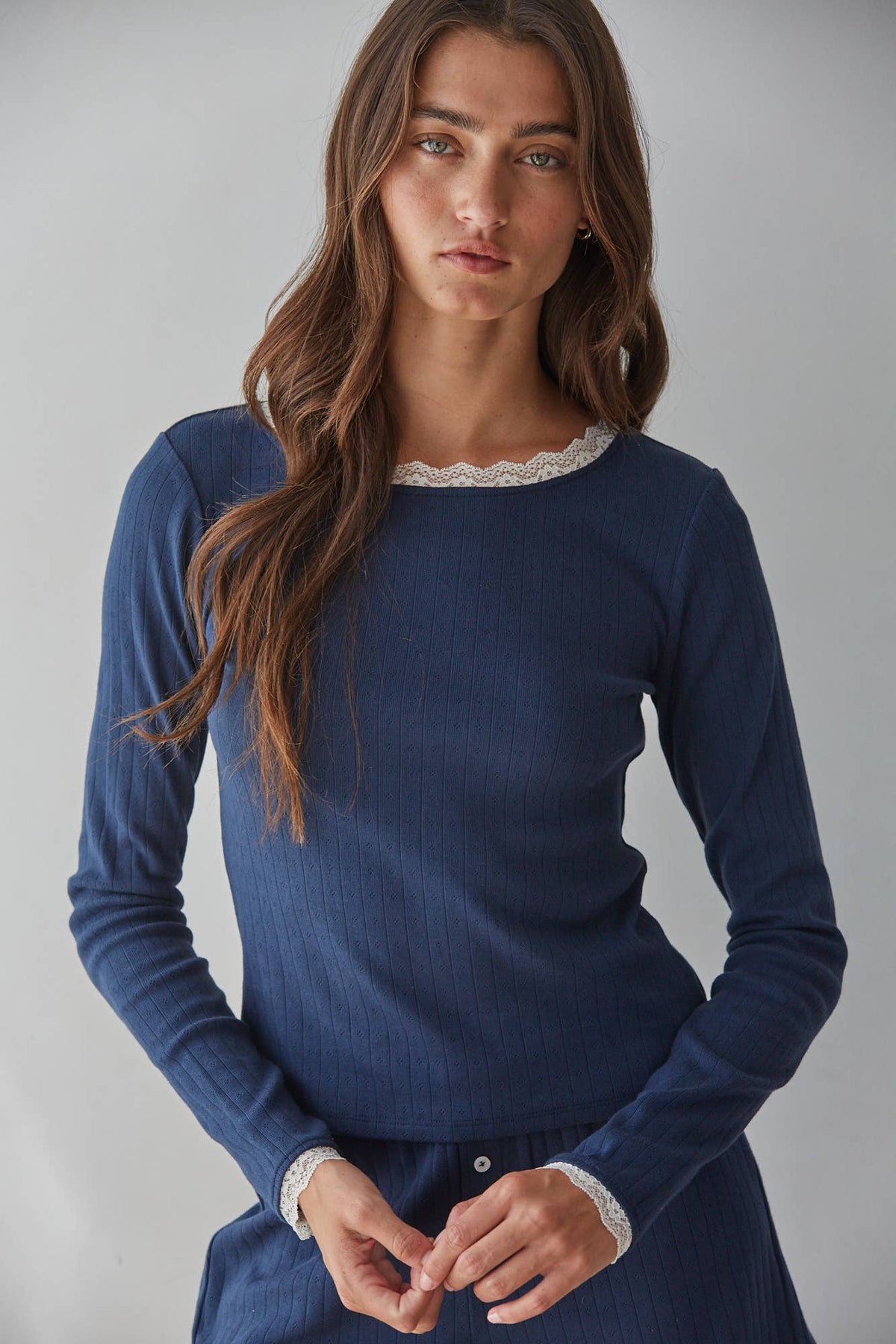 L10097T | Knit Cotton Pointelle Long Sleeve Pullover