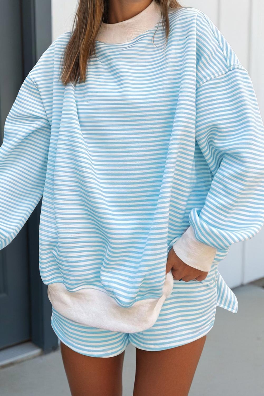 Stripe Oversize Sweatshirt and Shorts Set (S-XL)