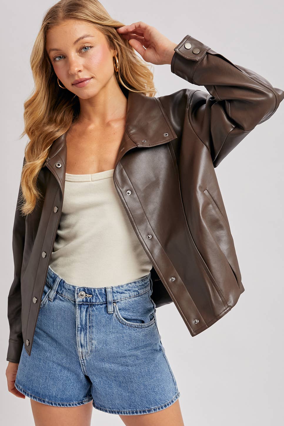 FAUX LEATHER BUTTON DOWN HIGH COLLAR BOMBER JACKET