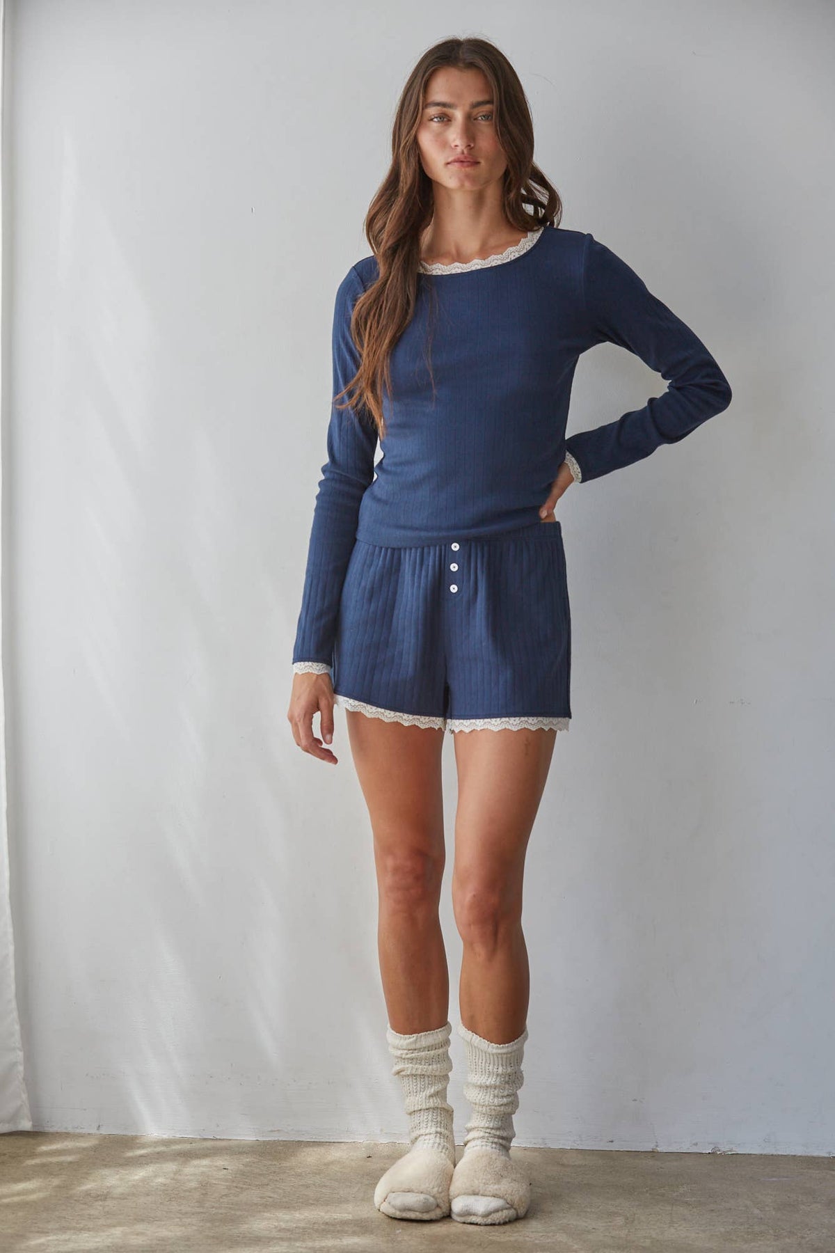 L10097T | Knit Cotton Pointelle Long Sleeve Pullover